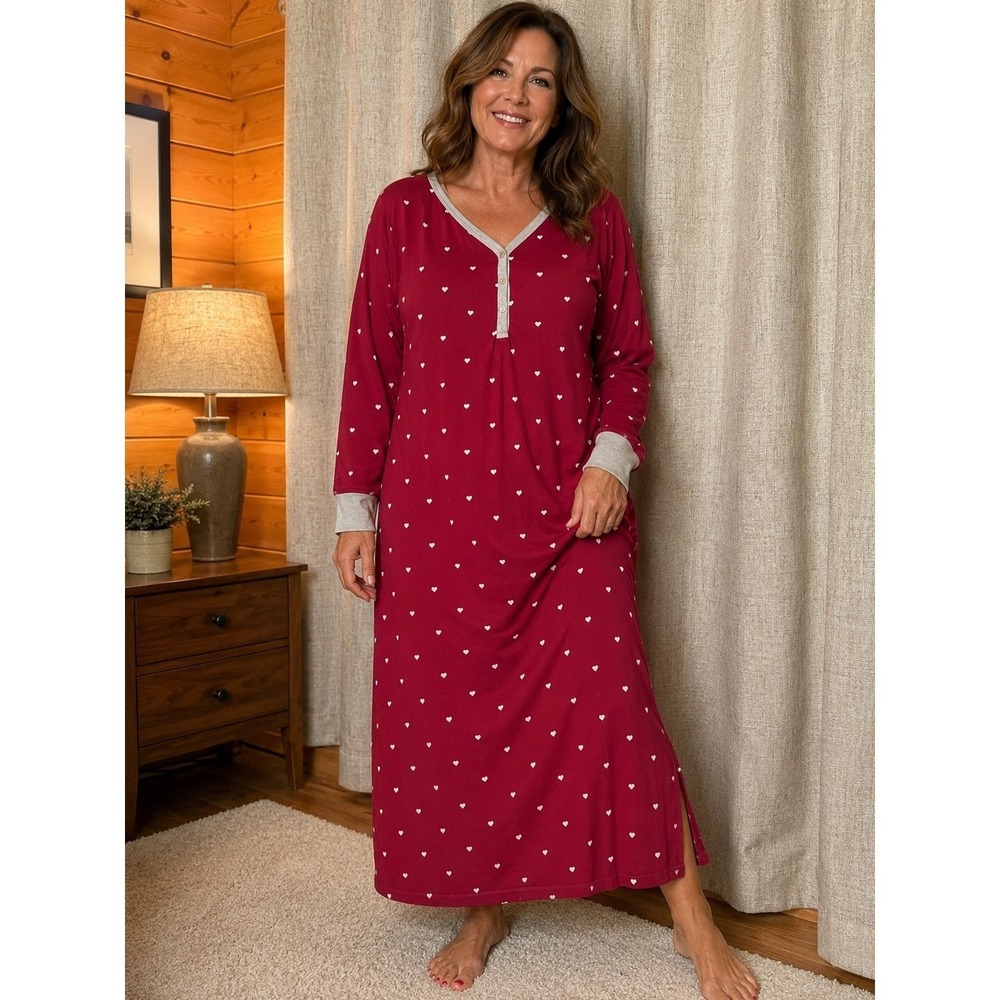 Addison Meadow Womens Burgundy Heart Print Henley Maxi Nightgown Sleep Shirt MD